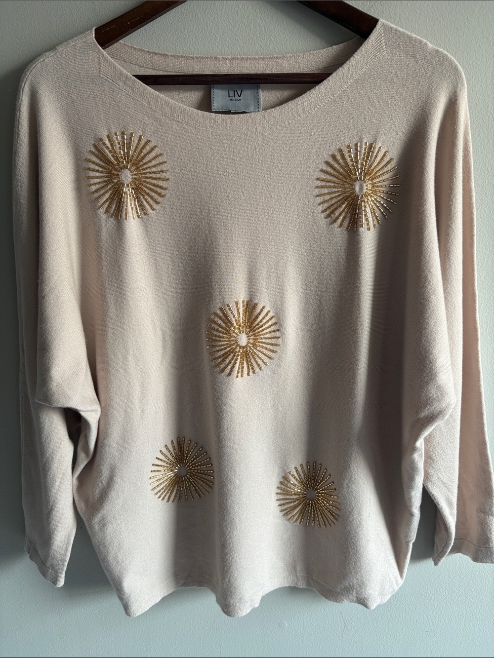 LIV Milano XL Cream Gold Beaded Sunburst Dolman Sweater Top